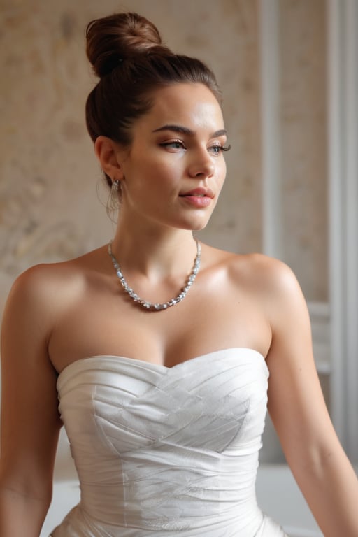 a beautiful young woman stands in front of a white bathtub. She is dressed in a cream strapless dress, adorned with a silver necklace and earrings. Her hair is pulled back in a bun, adding a touch of texture to her face. The backdrop is a cream-colored wall with a mirror and a light fixture. The bathtub is adorned with silver faucets, and a white towel is resting on the edge of the tub.