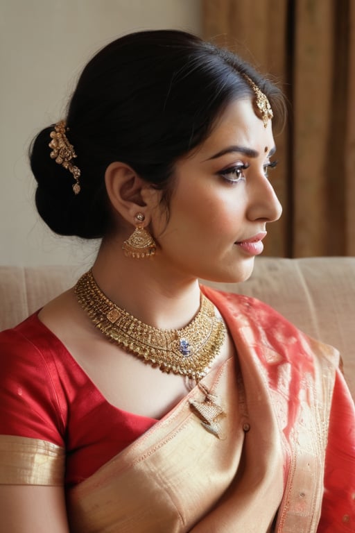 a beautiful Indian woman, dressed in a red saree, adorned with a gold necklace and earrings. Her hair is pulled back in a bun, cascading over her shoulders. Her eyes are adorned with blue eyes, adding a pop of color to her face. She is seated on a beige couch, her left arm resting on the armrest of the couch. The backdrop is a cream wall with a framed painting on it. To the left of the woman, a brown curtain with a brown tie is hanging from it.