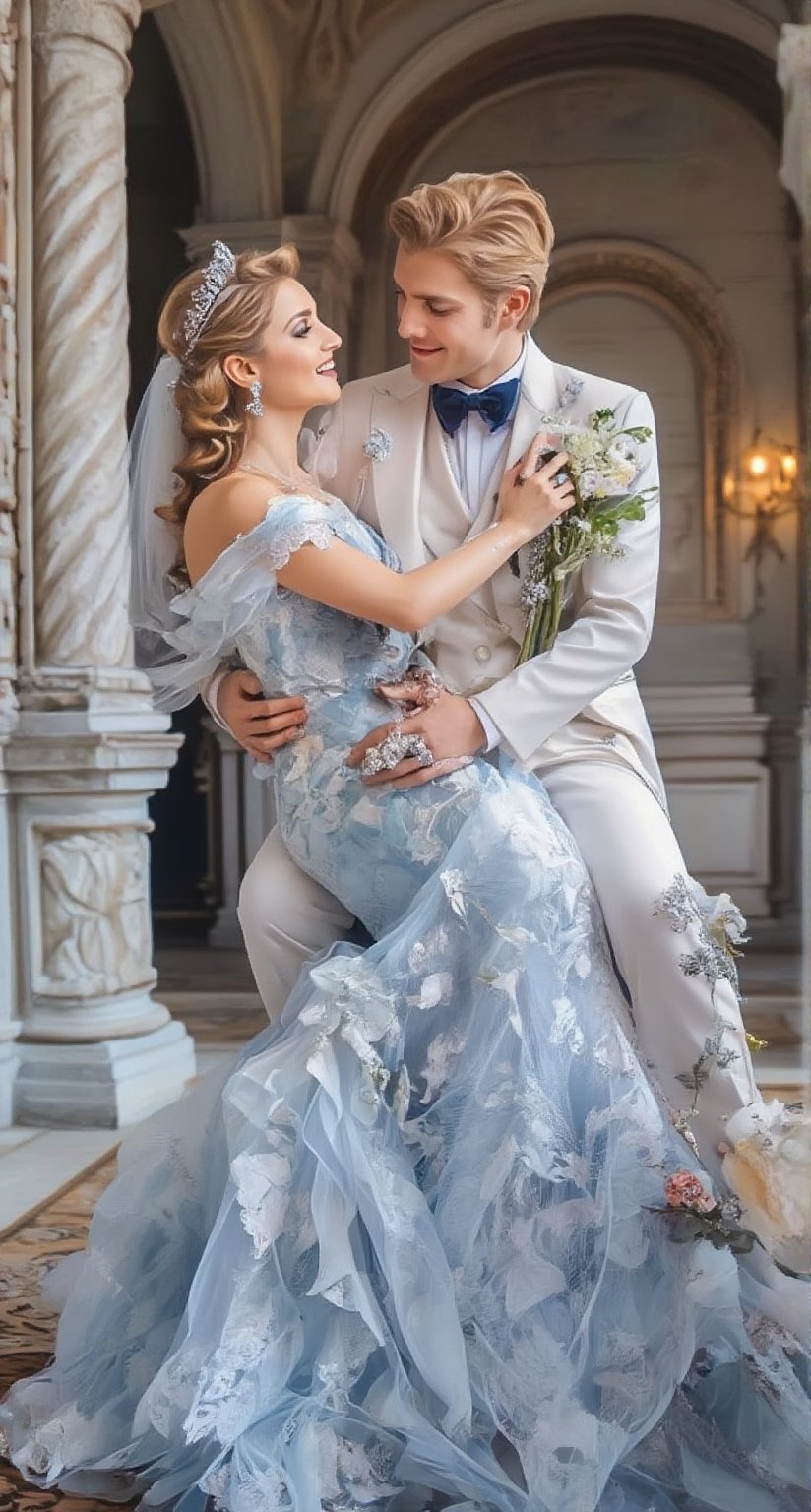 An emotional French aristocratic bride and groom exchanged glances at their wedding. The groom and the princess are carrying the bride on her back, and the bride's light blue lace wedding dress flows naturally like a waterfall, which is extremely beautiful. The girl is wearing a beautiful light blue wedding dress, a light blue veil and makeup. The makeup is exquisite, including jewelry, necklaces, earrings, and the bridal bouquet. She has golden silky curls, bright green eyes, long eyelashes and a confident smile. The groom wears a bow tie, has smooth blond hair, bright blue eyes and a strong expression. The scene captures their entire bodies, highlighting their height difference, and the wavelength of light enhances the romantic atmosphere. The background is more romantic in 128k resolution. Create stunning anime-style artwork to celebrate their joyful wedding.,Glass