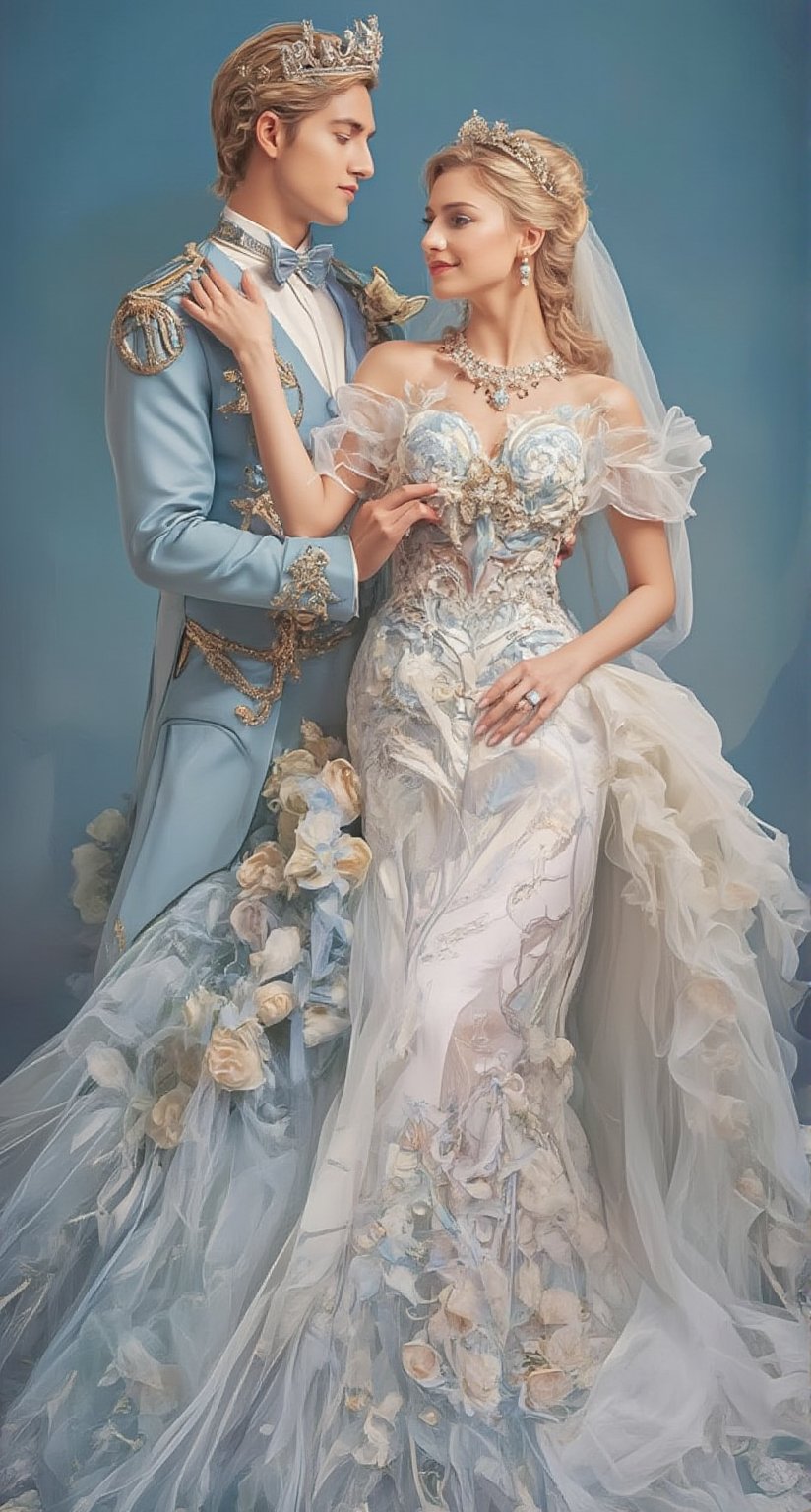 An emotional French aristocratic bride and groom exchanged glances at their wedding. The groom and the princess are carrying the bride on her back, and the bride's light blue lace wedding dress flows naturally like a waterfall, which is extremely beautiful. The girl is wearing a beautiful light blue wedding dress, a light blue veil and makeup. The makeup is exquisite, including jewelry, necklaces, earrings, and the bridal bouquet. She has golden silky curls, bright green eyes, long eyelashes and a confident smile. The groom wears a bow tie, has smooth blond hair, bright blue eyes and a strong expression. The scene captures their entire bodies, highlighting their height difference, and the wavelength of light enhances the romantic atmosphere. The background is more romantic in 128k resolution. Create stunning anime-style artwork to celebrate their joyful wedding.,Glass