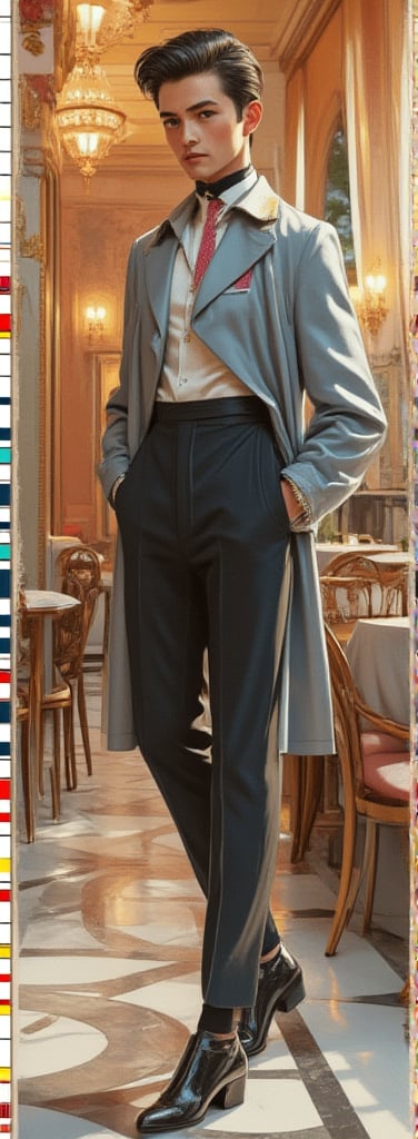 A handsome emo European man with a tall, sexy, and well-proportioned figure, dressed in fashionable attire inspired by Paris and Italian high fashion, attends a luxurious cocktail party. He exudes an aristocratic elegance. The scene is meticulously depicted in watercolor and gouache, capturing lifelike quality and masterpiece status. The 128K resolution showcases vibrant colors, mesmerizing reflections, and delicate gouache sketches of his entire body. The modern art style highlights beauty and sophistication, with soft lighting and a composed, elegant pose.