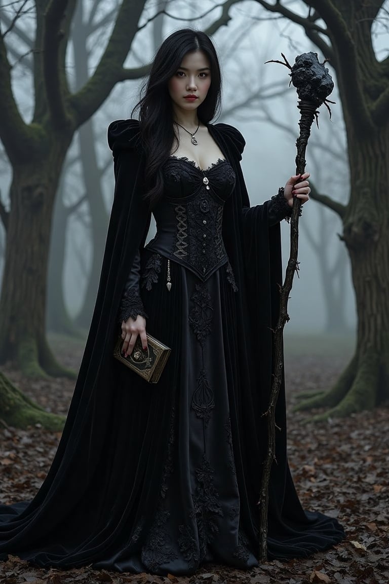 A striking dark witch with an aura of mystery and power; she is cloaked in a flowing, shadowy gown made of rich velvet and lace, adorned with intricate patterns of thorny vines and crescent moons. Her attire is accented by a corseted bodice and long, draping sleeves that add to her imposing presence. Her hair is raven-black, cascading in wild waves around her shoulders, with a single lock adorned by a silver charm shaped like a raven's feather.

Her eyes are piercing and enigmatic, glowing faintly with an otherworldly light. In one hand, she holds an ancient grimoire bound in leather and etched with arcane symbols; in the other, she wields a twisted staff topped with an obsidian crystal that pulsates with dark energy.

The setting is a mist-laden forest at midnight under a moonless sky, where twisted trees loom ominously in the background. Wisps of fog curl around her feet as shadows dance mysteriously across the landscape. This image captures the essence of dark fantasy with hyperdetailed 16K resolution HDR to highlight every nuance of texture and atmosphere.,1girl