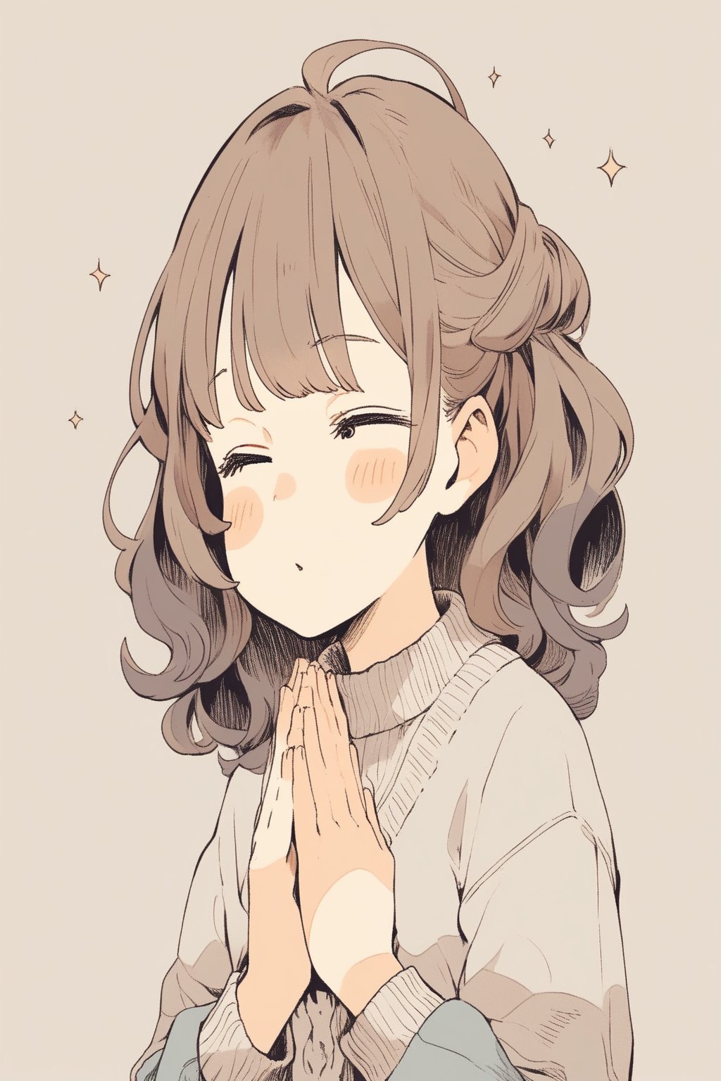 1girl,brown hair,brown eyes,Praying, eyes closed, hands together, desperate,simple cartoon-style illustration, The soft colors and rounded shape of the drawing give it a familiar feel that is often seen in casual and educational cartoons.Line drawing. Monochrome
