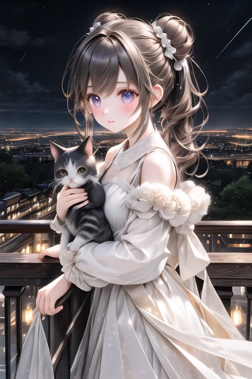 On a rainy night, there was a beautiful girl with twin ponytails in two buns, fluffy and slightly messy hair, sparkling eyes, long eyelashes, wearing a dress, and a cat on the edge. The combination of the tranquil atmosphere created a This tranquil and romantic illustration is very beautiful. , adding a magical and dreamy atmosphere. The city is illuminated by countless lights, forming a sharp contrast with the dark night sky. High-definition picture quality, extremely high resolution, delicate and vivid brushwork, and animation digital illustration style.