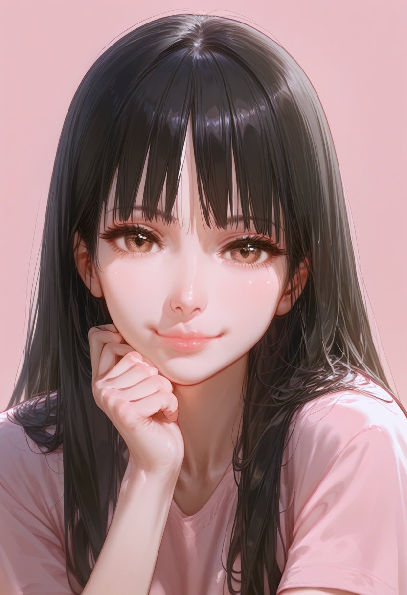 An amazing girl, alone, long hair, looking at viewer, smiling, shirt, black hair, brown eyes, closed mouth, upper body, short sleeves, lips, pink background, head resting, realistic, hands down chin