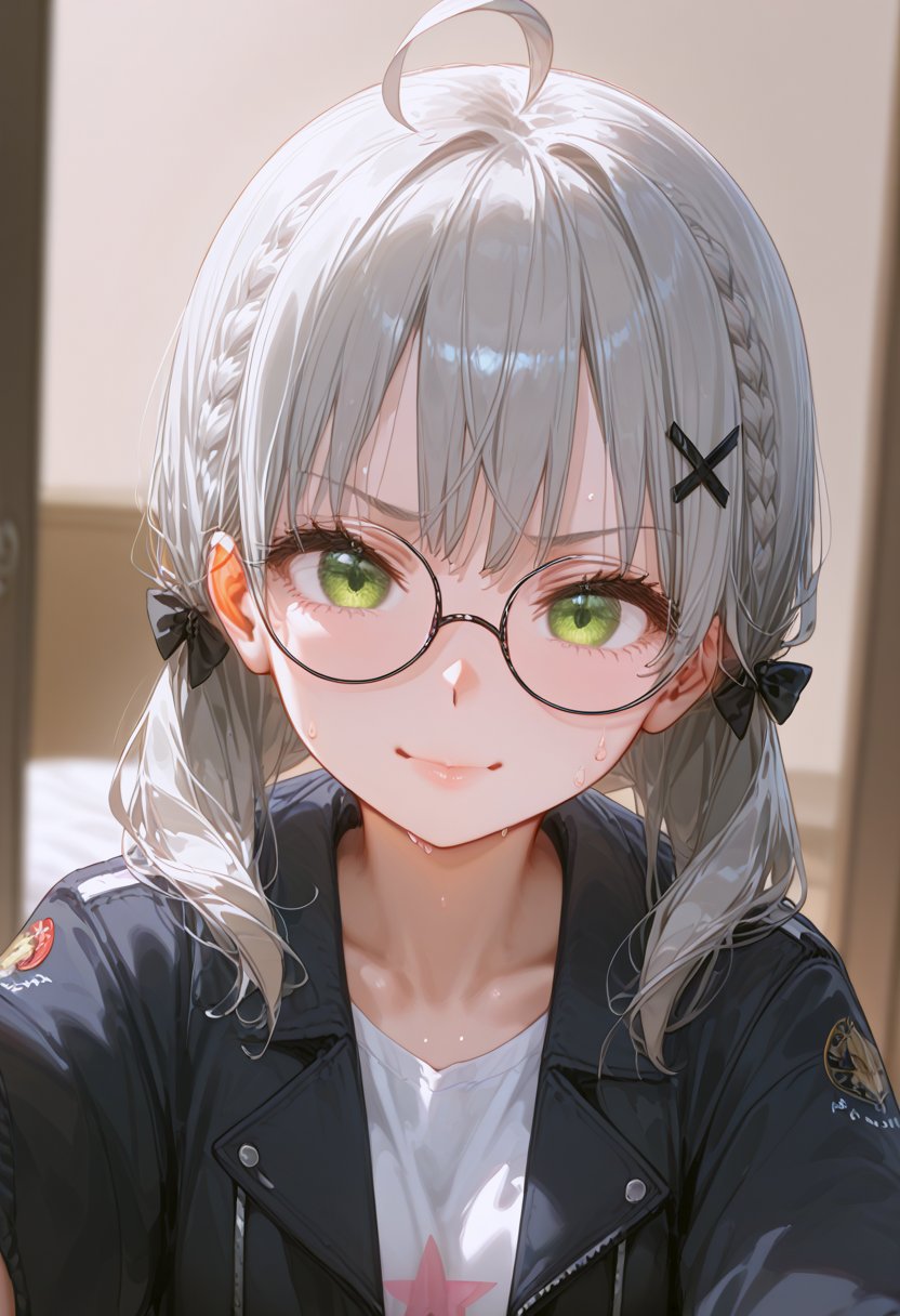 1girl, (gray hair), green eyes, medium hair, ((double braid:1.2)), ahoge, (black round frame glasses:1.2), (black star hairpin), (T-shirt), ((hanten jacket)), cotton pants, Off-shoulder, (happy), (in Japanese room), (eyes highlight), standing, ((upper body)), very beautiful girl, eyes wide open, closed mouth, sweat, slightly angry, himecut hairstyle,, masterpiece quality, stunning image, masterpiece, 8K, stunning image, light particles, attractive image, reflections, Dutch Angle Shot,Beautiful eyes,