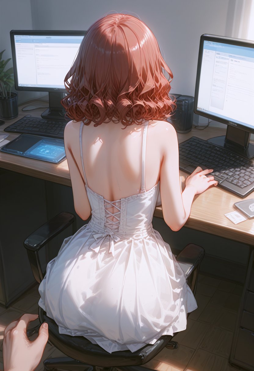 Japanese anime digital illustration style, a beautiful girl is sitting on an office chair, her posture exudes temperament, looking at a computer in front of her. This person has fluffy, slightly curly hair and is wearing a long white dress. He is looking at the computer screen intently. The background lighting is soft, creating a tranquil and peaceful atmosphere. There is a filing cabinet on the left and a display screen on the table on the right. The overall color scheme is mainly cool-toned blue and white, giving people a peaceful and quiet feeling. It has extremely high resolution, delicate brushstrokes and a 3D perspective.