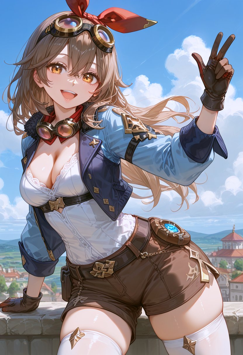 1girl, solo, long hair, breasts, looking at viewer, smile, open mouth, bangs, brown hair, thighhighs, gloves, ribbon, cleavage, hair between eyes, brown eyes, medium breasts, hair ribbon, outdoors, sky, shorts, day, cloud, red ribbon, blue sky, short shorts, goggles, brown shorts, goggles around neck, amber \(genshin impact\)