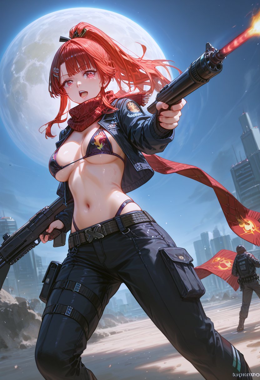 Surrealistic style, sexy beauty, the character is Yuko from "Tengen Breakthrough", wearing a black battle bikini (with a red flame-like pattern on the chest), and an iconic white unique belt with red accents around her waist Scarf and rainbow-colored high boots. Her long hair is bright red, with white alien logo hairpins in her hair, tied high into a ponytail, and her hair shimmers slightly in the light and shadow. Her eyes are firm, exuding a fearless fighting temperament and full of power. The background is a vast cosmic scene, surrounded by nebulae, planets and spiraling energy fluctuations, creating a cyberpunk and surreal atmosphere. She held a high-tech sniper rifle in her hand, the gun body emitting a shimmering light. The overall picture is bright, clear, and colorful, perfectly showing the shocking beauty and mysterious temperament of the space warrior.