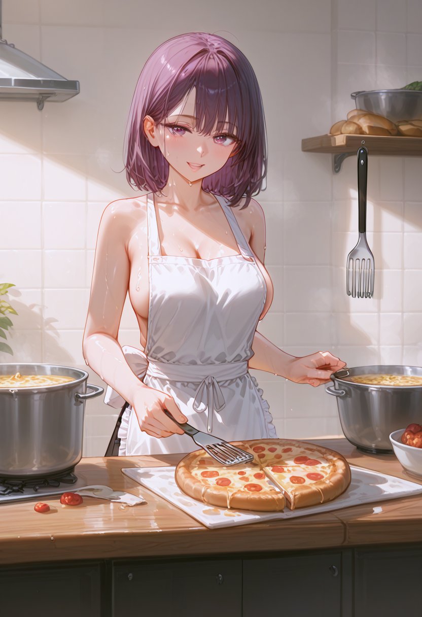 A warm and inviting shot of a girl amidst the cozy ambiance of her trendy open kitchen. The bright space is filled with kitchen utensils adorning the walls, a bread oven, and a cooking table. She stands confidently, wearing an apron that showcases her bare shoulders, as she holds a spatula and expertly fries a pizza in a pot. Her face glistens with sweat, reflecting her intense focus on crafting the perfect culinary delight