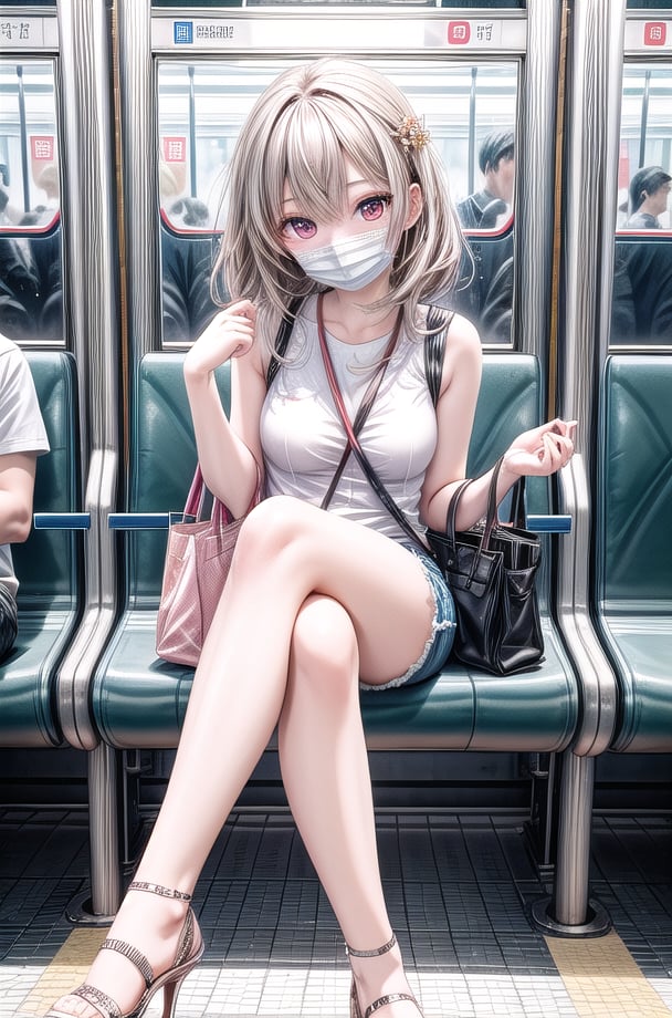 Super-realistic photo, a crowded Taipei MRT train, a 20-year-old Taiwanese woman  sitting elegantly with crossed legs, wearing a surgical mask, a white sleeveless top, revealing a toned figure, extremely short shorts revealing fair and shapely long legs, black high heels, fabric tote bag with small plush charm on the knee, natural lighting, high details, 8K resolution, photojournalism style, Sony A7R IV, 35mm f/1.4 lens