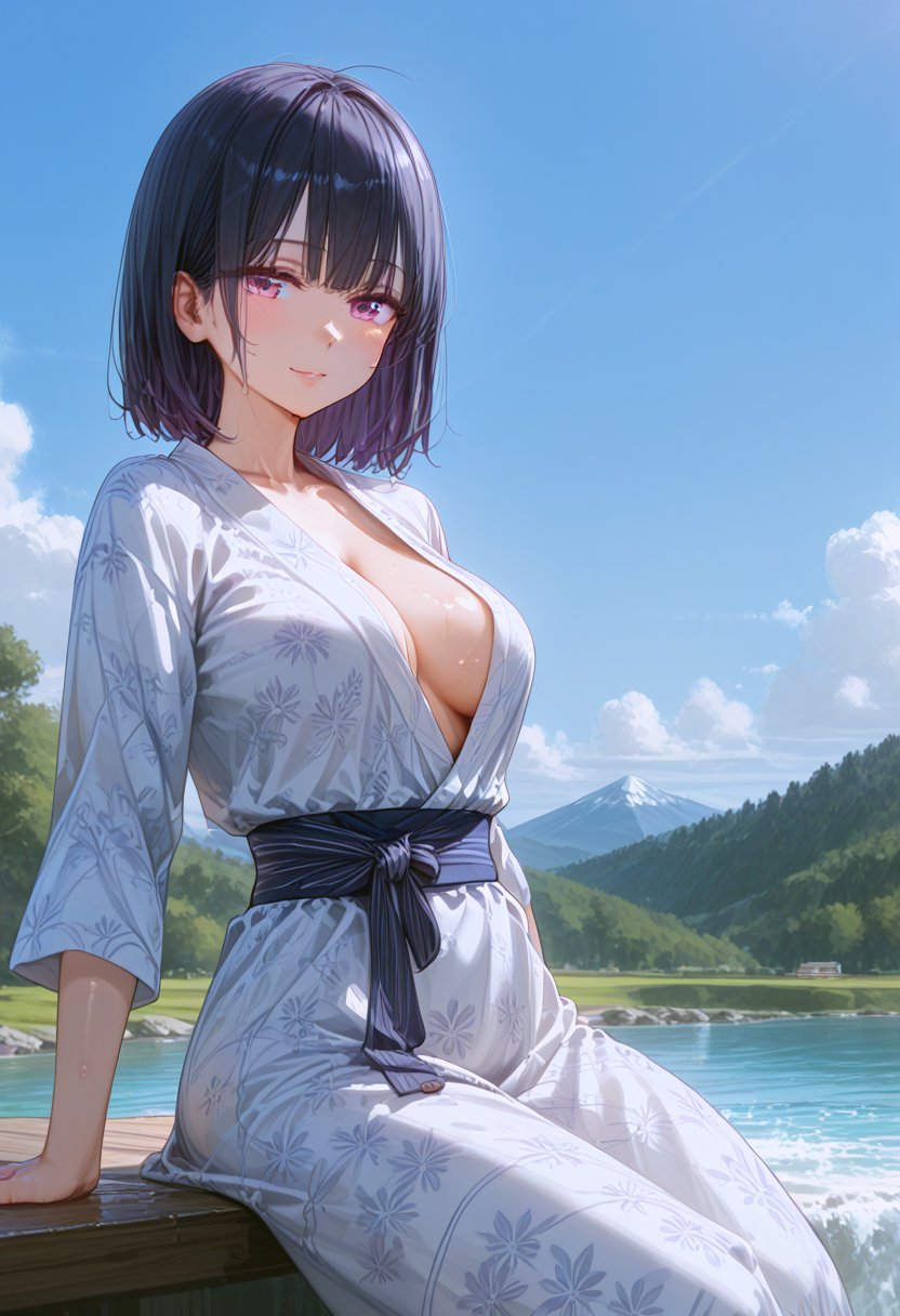  A stunning young woman stands confidently on top of fuselage of the fighter jet F35, donning a crisp white yukata that accentuates her ample bosom. Her arms are folded across her chest, exuding a sense of calm and serenity. Behind her shows stunning blue sky and fluffy white clouds, bathing the scene in warm sunlight on a sunny day, best anatomy, epic, cinematic, digital art, 4k, ultra high definition, cartoon, Anime Style