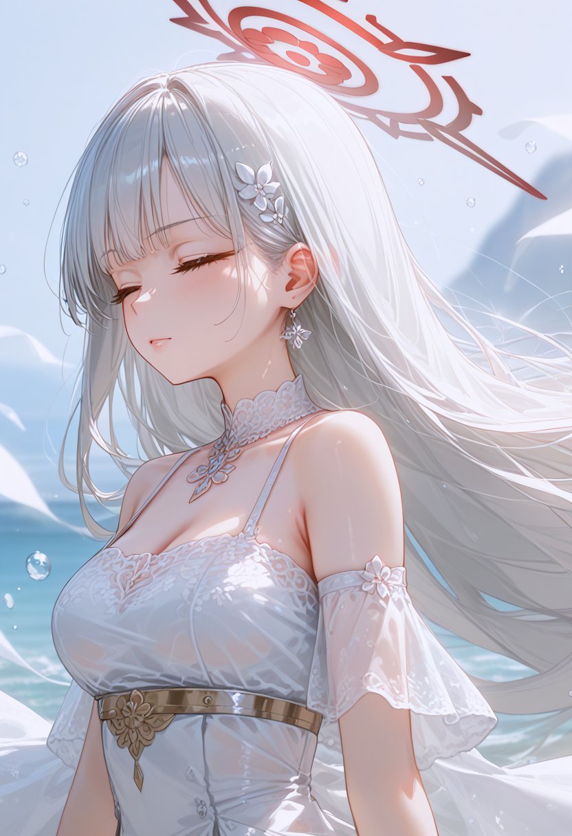 , 18-year-old Korean female idol, mixed draft and realism style, white transparent sketch, color water halo rendering, playing the role of a seductive oriental girl, facing the camera, white long hair flying, transparent skin and exposed shoulders, clothes made of damaged silk and bones , wild wind, light transmission, backlight, flare, blurred rendering, white swirl background, side face close-up half-length shot, indifferent expression with eyes closed,