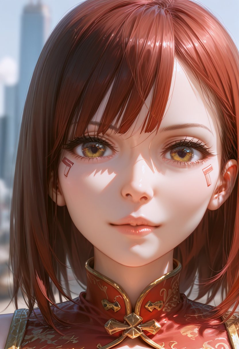 CG masterpiece, 3D Chinese girl, dressed in cyberpunk mixed with Chinese style clothing, tense image, stunning colors, super wide angle lens, 3D rendered headshot, cinematic, photorealistic, OC renderer, super-realistic, 8k, HD --ar 3:4 --niji