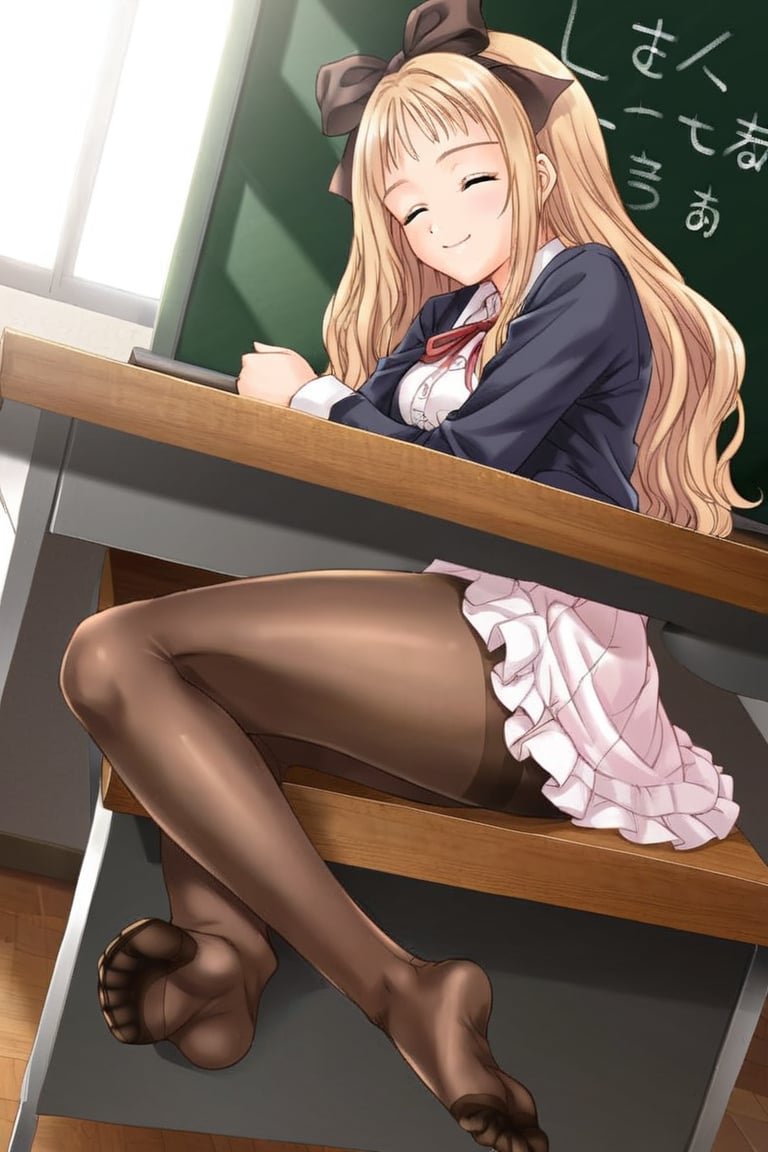 1girl, (((speaking beside a blackboard))), (((blackboard))), (((smile))), white skirt, blouse, detailed feet, feet focus, no shoes, no bed, bedroom, on table, big table, good anatomy, good legs, good anatomy arms , funny face , tights, viewed from side below, alone, full body,AYANO,blonde_hair, long hair, ribbon, lying, ANIME COLORING, peaceful atmosphere, daylight from window, sleeping