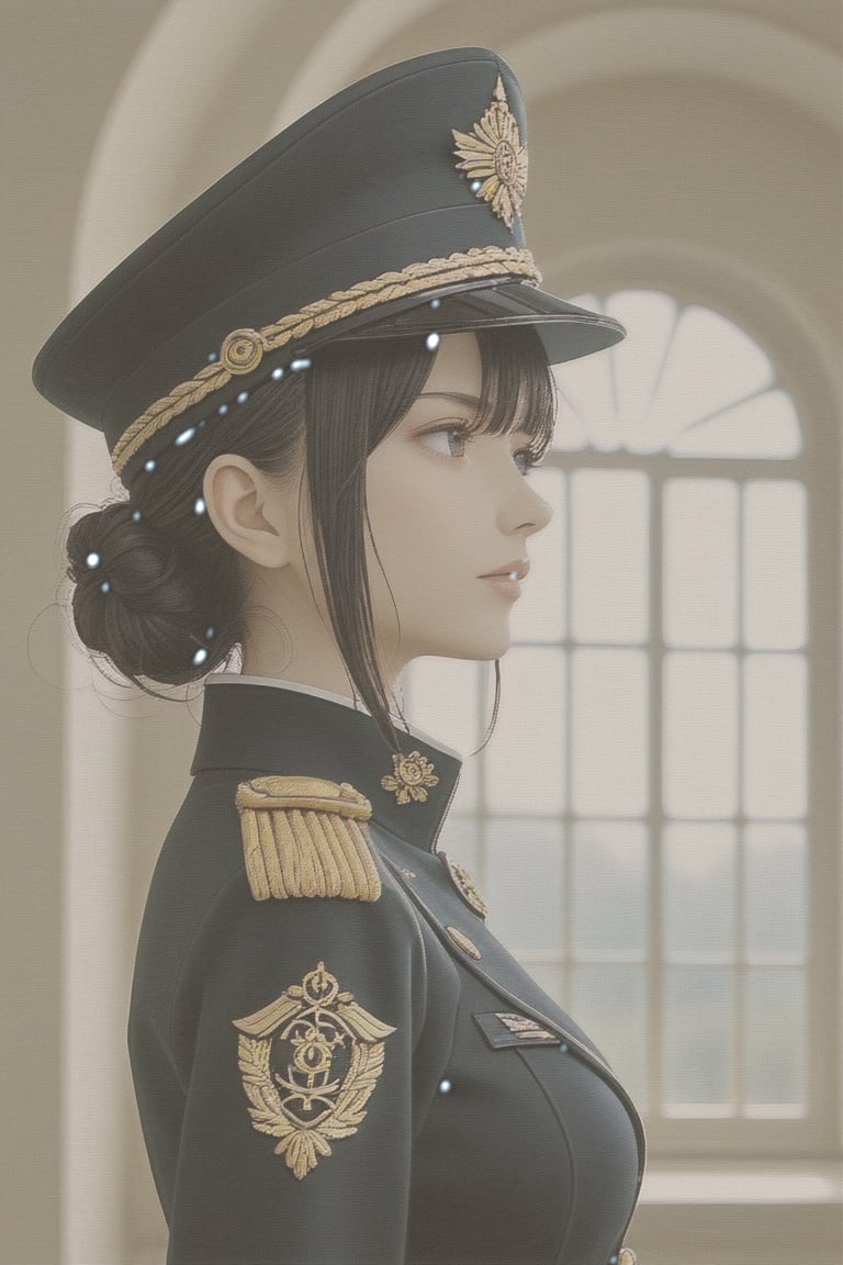 ((extreme detail)),(ultra-detailed), extremely detailed CG unity 8k wallpaper, black lobelia, heterochromia, anime screencap, military hat, military jacket, leotard dress, black gem, from side, upper body, looking down, looking away, window, sunlight, blurry background