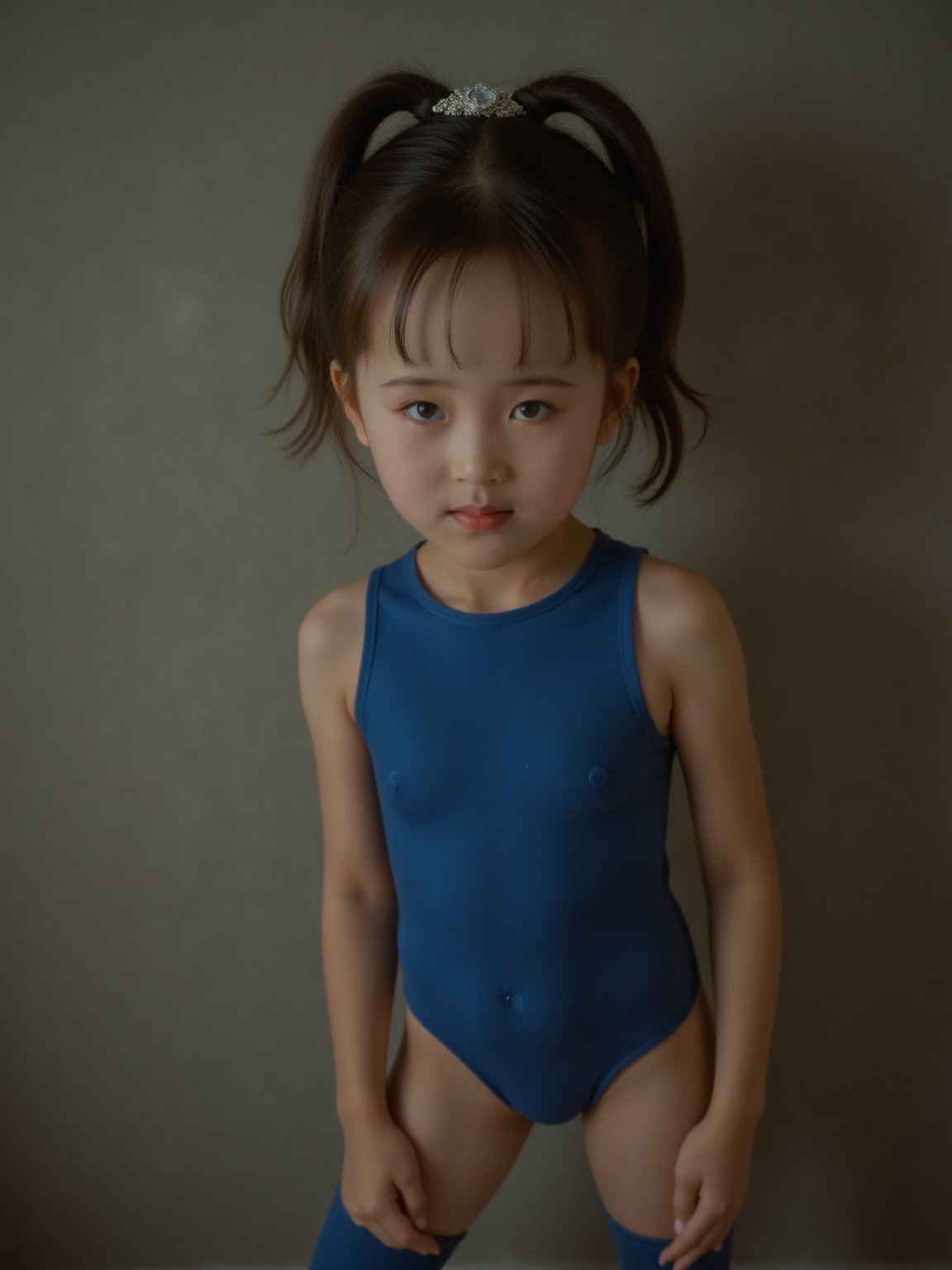 Here is a high-quality, coherent prompt for a stabilizediffusion image: A masterpiece of realistic photography. A 4K RAW image of a 12 years old girl standing indoors, dressed in a blue leotard and thigh-high boots, her brown hair tied up in a ponytail with a sparkling ornament. Her eyes gaze directly at the viewer, a subtle smile playing on her lips as she shrugs ever so slightly. The lighting is cinematic, with vivid illumination that accentuates the natural texture of her skin. The camera captures the scene with a cowboy shot, framing her face and body in a harmonious composition that immerses the viewer. Film grain: 1.2. Fujifilm XT3. Highly detailed and exquisitely rendered, this image is perfect for an ultra-high-quality unity 8K wallpaper.
