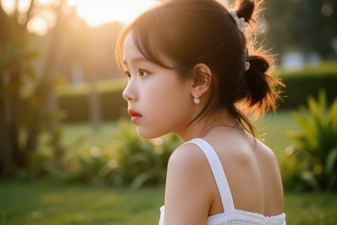 Floodlight,This is a sunlit portrait of a young girl in profile with her back to the camera,bathed in warm,soft light that creates a halo effect around her. Her brown hair is loosely tied back with curls twisting around her face and neck. She is wearing a see-through strapless white dress trimmed with lace. The background is blurred to ensure that the focus is on the subject. The photograph is softly lit and luminous,with delicate romantic tones and an ethereal,dreamy quality. The soft focus enhances the gentle and serene atmosphere of the image., where lush greenery and bold emblazoned words" SUNSHINE "create a striking visual counterpoint to her melancholic countenance, as if bathed in the faint light of the street lamps.(Film grain: 1.2, ultra detailed skin texture)