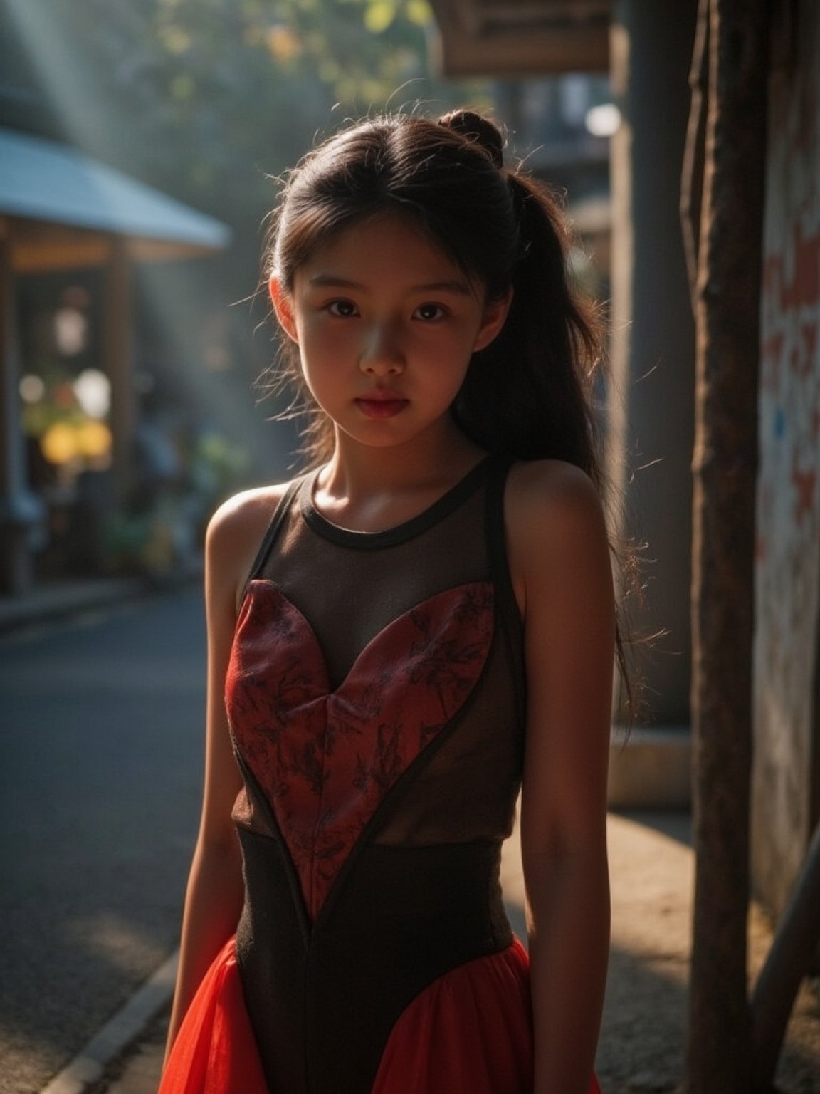 Here's a prompt for a RAW photo: A cinematic shot captured on Fujifilm XT3, showcasing an 14-year-old girl in a street corner setting with soft, natural lighting. She stands  vest from the waist up, her finely detailed face radiating mystery as she gazes off-camera. The vivid illumination accentuates the transparency and tightness of her outfit, exuding playfulness and sensuality. The composition is harmonious, inviting the viewer to immerse themselves in the atmosphere. (Film grain: 1.2,ultra detailed skin texture)