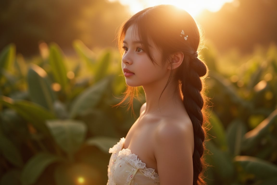 Floodlight,This is a sunlit portrait of a young girl in profile with her back to the camera,bathed in warm,soft light that creates a halo effect around her. Her brown hair is loosely tied back with curls twisting around her face and neck. She is wearing a see-through strapless white dress trimmed with lace. The background is blurred to ensure that the focus is on the subject. The photograph is softly lit and luminous,with delicate romantic tones and an ethereal,dreamy quality. The soft focus enhances the gentle and serene atmosphere of the image., where lush greenery and bold emblazoned words" SUNSHINE "create a striking visual counterpoint to her melancholic countenance, as if bathed in the faint light of the street lamps.(Film grain: 1.2, ultra detailed skin texture)