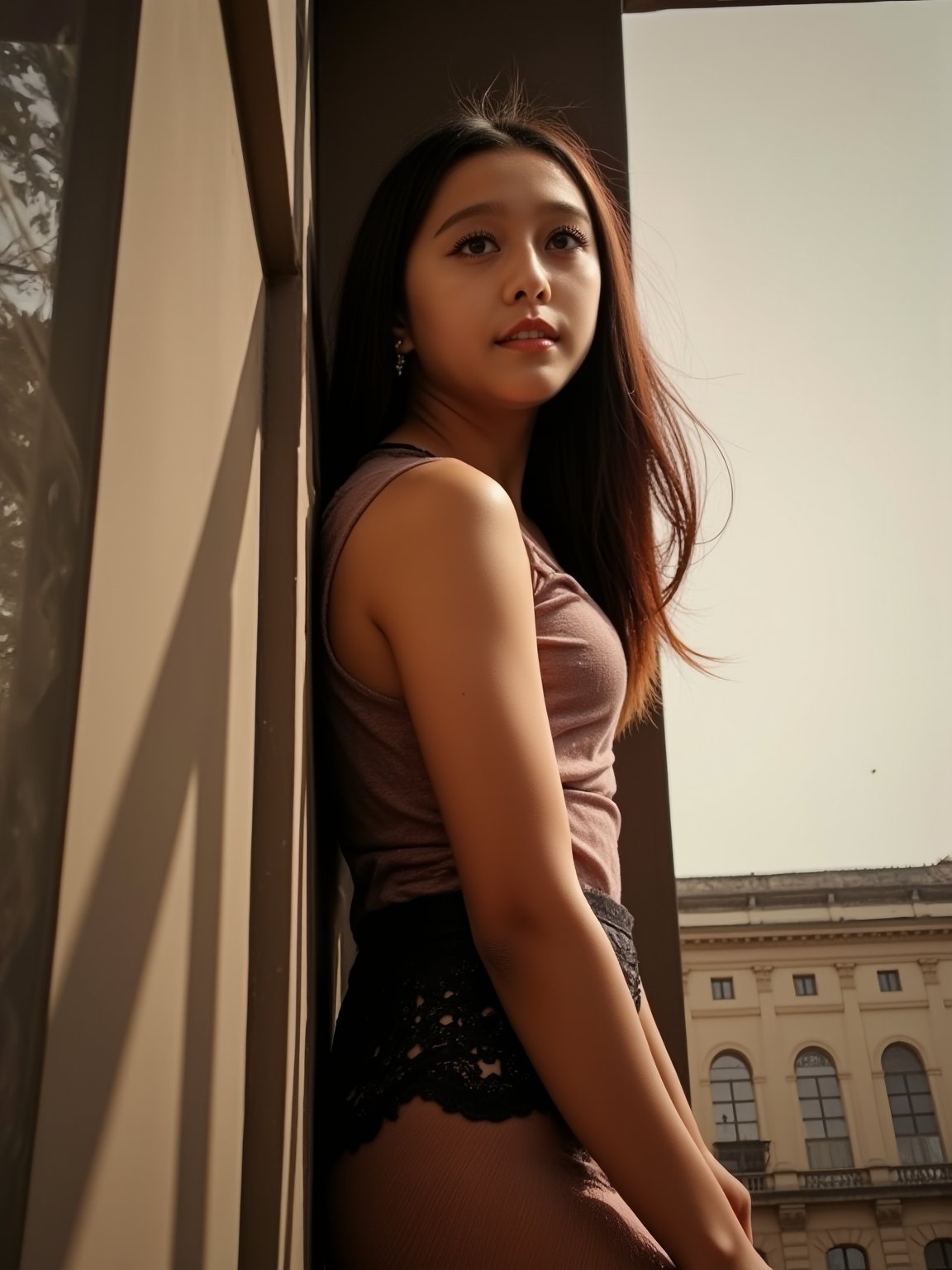 Here's a prompt for a RAW photo: A cinematic shot captured on Fujifilm XT3, showcasing an 14-year-old girl in a street corner setting with soft, natural lighting. She stands  vest from the waist up, her finely detailed face radiating mystery as she gazes off-camera. The vivid illumination accentuates the transparency and tightness of her outfit, exuding playfulness and sensuality. The composition is harmonious, inviting the viewer to immerse themselves in the atmosphere. (Film grain: 1.2,ultra detailed skin texture)