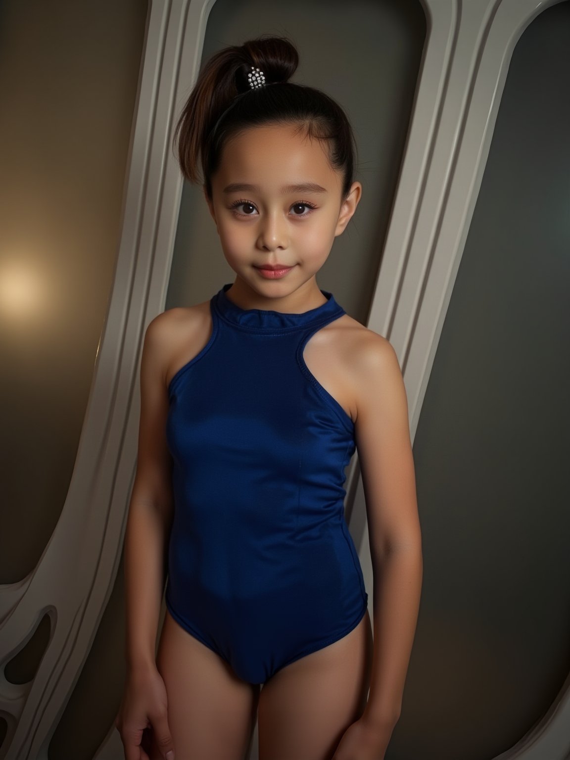 A masterpiece of realistic photography. A 4K RAW image of a 14 years old girl standing indoors, dressed in a blue leotard and thigh-high boots, her brown hair tied up in a ponytail with a sparkling ornament. Her eyes gaze directly at the viewer, a subtle smile playing on her lips as she shrugs ever so slightly. The lighting is cinematic, with vivid illumination that accentuates the natural texture of her skin. The camera captures the scene with a cowboy shot, framing her face and body in a harmonious composition that immerses the viewer. Film grain: 1.2. Fujifilm XT3. Highly detailed and exquisitely rendered, this image is perfect for an ultra-high-quality unity 8K wallpaper.