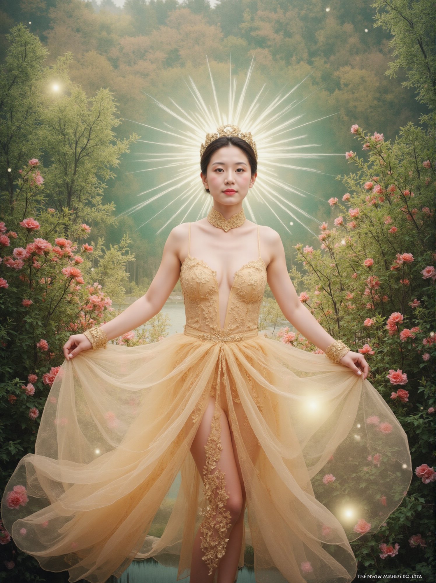 Here is a magazine cover titled 'MENG TAN':girl with a divine appearance, dressed in an elegant ensemble of ethereal and semi-transparent clothing, with a deep neckline that runs from her chest to her navel. Her hair is short, reaching her shoulders, and she wears soft makeup that highlights her natural beauty. A crown of small, delicate flowers adorns her head, adding to her ethereal charm. She appears as a forest goddess, surrounded by a lush landscape full of vibrant flowers and vegetation. A colorful aura surrounds her, emphasizing her divinity as her attire flows harmoniously with the environment, radiating a mystical and serene presence,