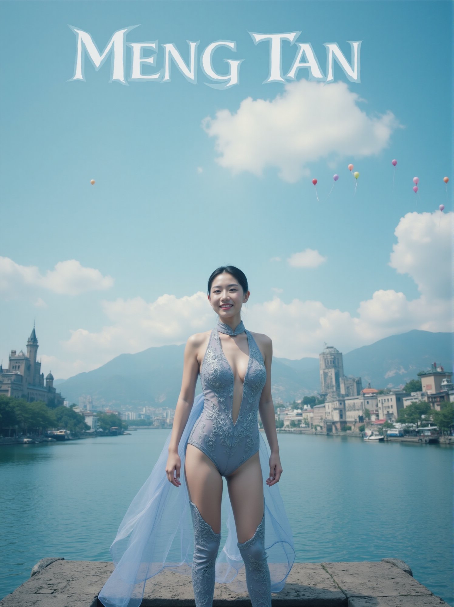 A beautiful Chinese woman stands by the lake, dressed in sexy clothing, revealing her upper body, and smiling at the audience, earth landscape, medieval castle, lake, mountains, clouds, clear sky, colorful balloons (balloons: 1.5) Blue and white tones, smiles, epic, Celestia, fantasy world, beautiful world..,Above the image, there is an artistic font that reads' MENG TAN '