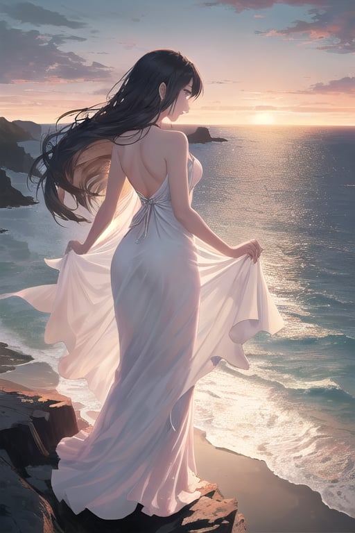 A serene scene of a woman standing on the edge of a tall cliff, gazing out over the vast ocean. She wears a long, freely flowing dress that flutters gently in the wind, its light fabric catching the breeze. Her back is turned toward the viewer, and her long, wavy hair flows freely behind her. The sky is a soft blend of oranges, pinks, and purples as the sun sets on the horizon, casting a warm glow over the scene. The waves crash softly against the rocky shore below, and a sense of calm and contemplation fills the air. The woman stands still, as if lost in thought, the beauty of nature surrounding her.