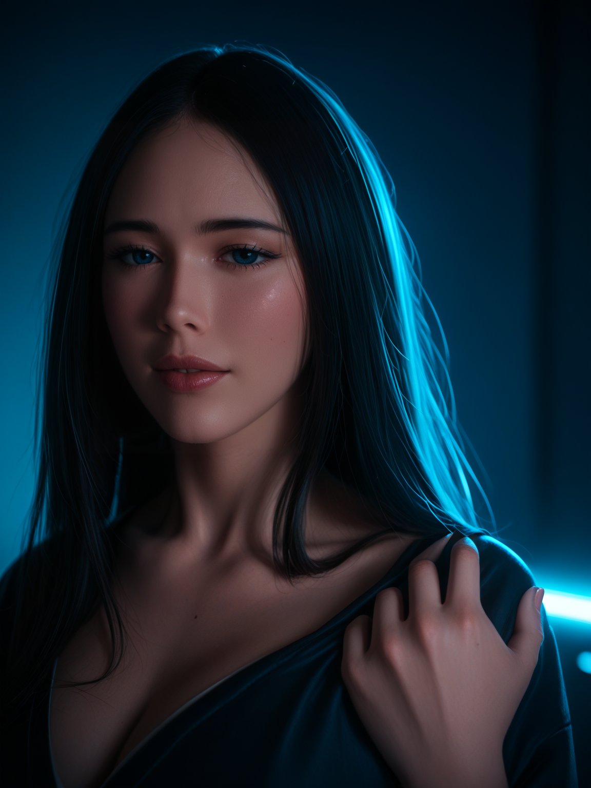 score_9, score_8_up, score_7_up, score_6_up, (best quality,8K,highres,masterpiece), ultra-detailed, source_realistic, photograph, BREAK, cyberpunk woman (unohana_tybw) adorned with (long hair: 1.2) fashioned into straight hair. In this ethereal scene, she embodies the role of the goddess of horticulture, surrounded by millions of microscopic, ultra-bright blue neon strings emanating from her form. composition showcases a stunningly beautiful backlit silhouette, intricately detailed and adorned with neon clouds, creating a mesmerizing and vivid blue color palette dynamic angle, vibrant lighting, high contrast, dramatic shadows, highly detailed, detailed skin, depth of field, film grain