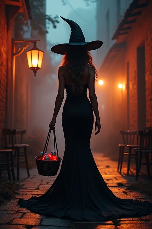 Witchy's All Hallows' Eve Encounter: A dimly lit alleyway on a foggy night. Witchy, dressed in a long trailing black dress with red glow that accentuates her curvaceous figure, carries a basket as she saunters down the deserted street. The candelabra casts an eerie glow on her face, highlighting her sugary craving for eyeball-shaped candies. In the background, flickering candles and creaking wooden chairs create an ominous ambiance, while howling wind whispers secrets outside, casting an otherworldly glow over this haunting Halloween scene. an errire dark thick smoke trails her on her path behind her, creating a hair raising, thrilling scene filled with horror