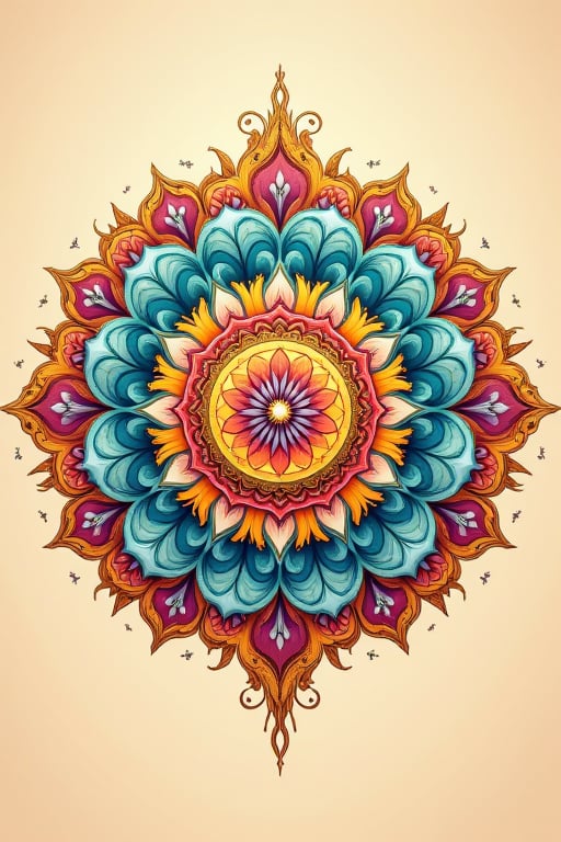 Vibrant round traditional mandala unfurls against a warm beige background, radiating symmetrical beauty as intricate patterns of turquoise, coral, and sunshine yellow dance across the central circle, with delicate filigree work adorning the outer edges in soft pastel hues of rose and lavender. Framed by a subtle golden border, the mandala's curves and swirls seem to emerge from the beige canvas like a lotus flower blooming.,aidmafluxpro1.1