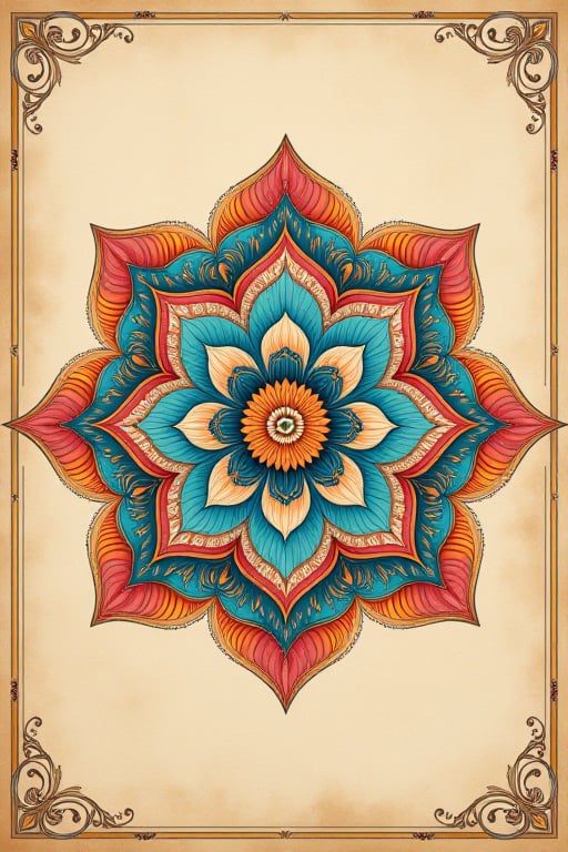 Vibrant round traditional mandala unfurls against a warm beige background, radiating symmetrical beauty as intricate patterns of turquoise, coral, and sunshine yellow dance across the central circle, with delicate filigree work adorning the outer edges in soft pastel hues of rose and lavender. Framed by a subtle golden border, the mandala's curves and swirls seem to emerge from the beige canvas like a lotus flower blooming.