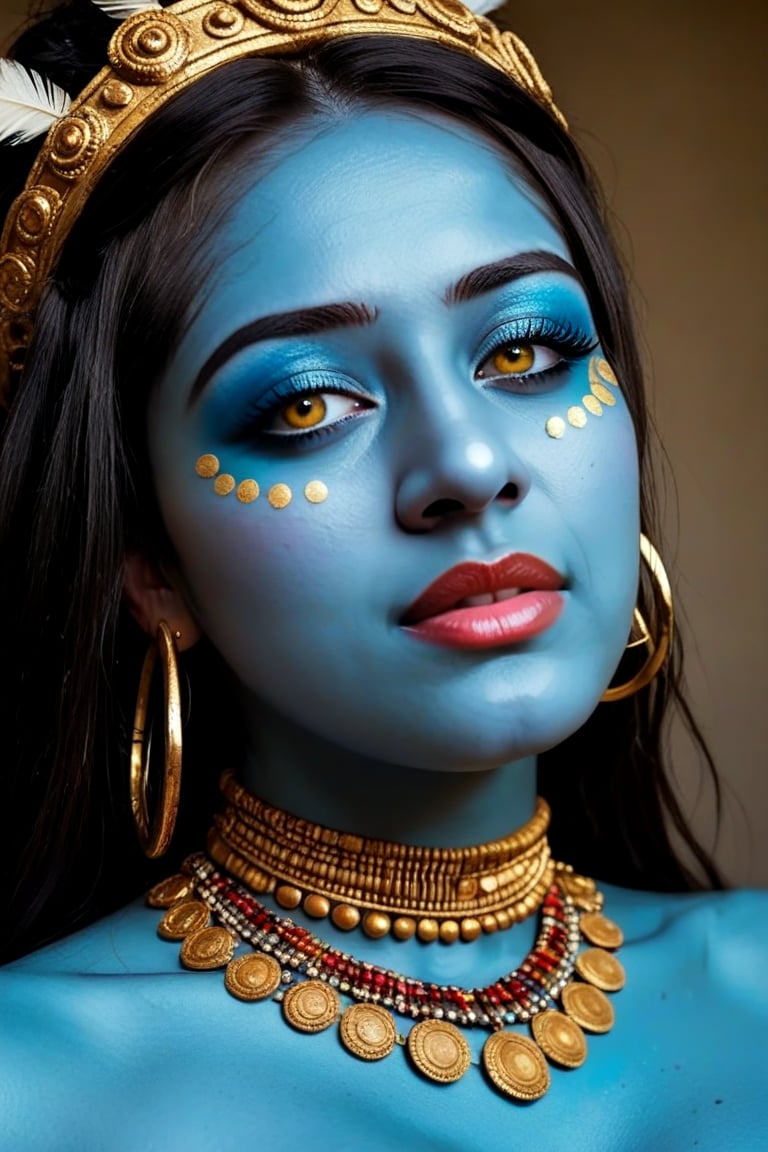 Imagine a hyper-detailed portrait of a woman with azure blue skin, her face decorated with gold tribal patterns that swirl and curve around her eyes, cheeks, and neck. The golden motifs are complex, with lines, dots, and spirals that add texture and depth to her visage. Her lips are painted with a deep metallic color that harmonizes with the golden details on her skin. She wears a prominent headdress of gold, adorned with dangling ornaments that add movement and contrast to the stillness of her face. Large, elegant gold hoop earrings complement the tribal-inspired design, and her eyes are framed with dramatic golden eye shadow and long, defined lashes. The lighting is soft yet focused, highlighting the gold’s shimmer and the matte finish of her blue skin, lending a realistic touch to this ethereal composition. This photorealistic image fuses ancient cultural elements with a modern style, creating a mesmerizing effect.,GeoF