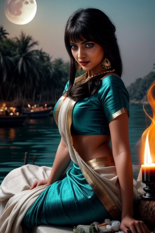 Full body shot, side view, realistic photgraphic image of young stunningly gorgeous and beautiful exotic woman in Ancient India. night time, full moon, candles and torches alight, she sits on the banks of the ganges at night, full moon, she has a sweet sensual closed mouth smile, stunning big light green realistic eyes, rich colorful make-up and eyeliner on her eyes, long curly black hair with bangs, she wears an ancient indian dress in silk, cotton and linen fabrics, colors of teal. gold, red which is richly and elaborately decorated, with embroidery and rich jewels, gold jewelry and ornaments. lush flora deep blue water blue, marble benches, palm, coconut, mango trees, incense pots with burning incense,BlackworkStyleManityro, greyscale, monochrome,white background