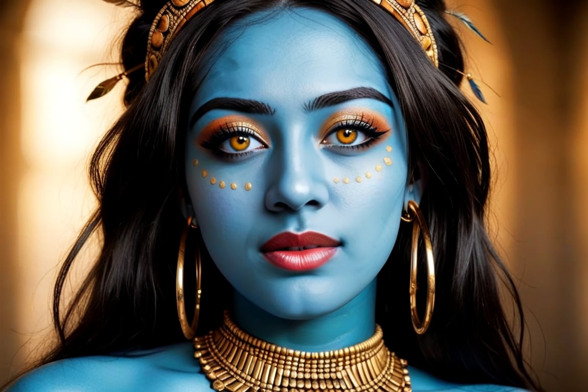 Imagine a hyper-detailed portrait of a woman with azure blue skin, her face decorated with gold tribal patterns that swirl and curve around her eyes, cheeks, and neck. The golden motifs are complex, with lines, dots, and spirals that add texture and depth to her visage. Her lips are painted with a deep metallic color that harmonizes with the golden details on her skin. She wears a prominent headdress of gold, adorned with dangling ornaments that add movement and contrast to the stillness of her face. Large, elegant gold hoop earrings complement the tribal-inspired design, and her eyes are framed with dramatic golden eye shadow and long, defined lashes. The lighting is soft yet focused, highlighting the gold’s shimmer and the matte finish of her blue skin, lending a realistic touch to this ethereal composition. This photorealistic image fuses ancient cultural elements with a modern style, creating a mesmerizing effect.,GeoF