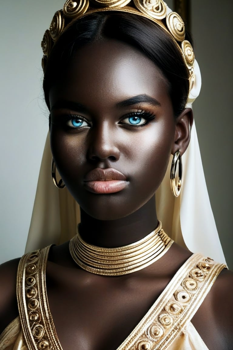 A majestic woman with pale blue eyes shines against a dark, intricate backdrop, her lips painted a deep pink that echoes the ornate details. A statement headdress, adorned with dangling ornaments, adds dynamic movement to her serene face. Large gold hoop earrings complement the tribal-inspired design, while dramatic golden eye shadow and long lashes frame her piercing gaze. Soft, focused lighting highlights the gold's shimmer and the matte finish of her dark black skin, imbuing the scene with a photorealistic sense of realism.