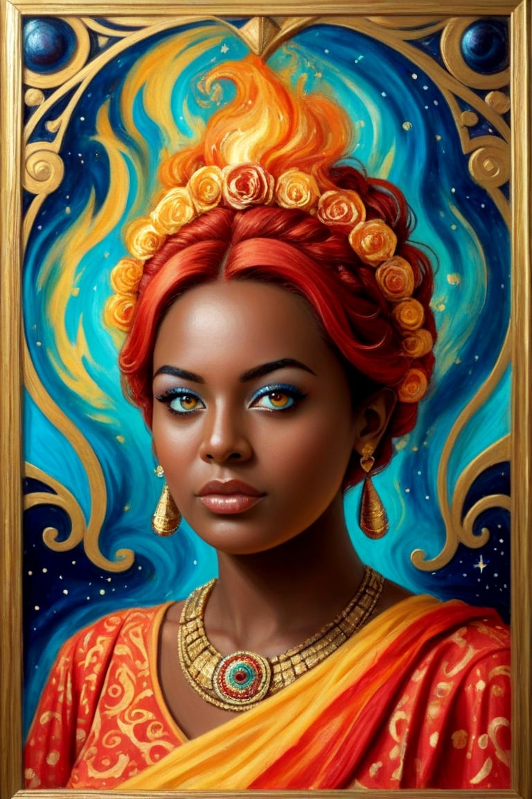 A captivating conceptual painting of a african woman, swirling with a mesmerizing blend of vibrant hues - electric blue, fiery red, and golden yellow. At the heart of the painting, a dynamic and ethereal being is depicted in motion, their form a fusion of flowing lines and swirling patterns that create a hypnotic visual effect. The background showcases an abstract symphony of shapes and textures, adding layers of depth and emotion to the piece. This mystical and thought-provoking artwork invites viewers to ponder its enigmatic nature, encouraging reflection on the beauty and mysteries of the cosmos., conceptual art, painting