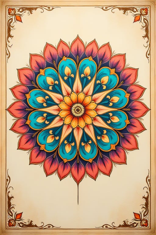 Vibrant round traditional mandala unfurls against a warm beige background, radiating symmetrical beauty as intricate patterns of turquoise, coral, and sunshine yellow dance across the central circle, with delicate filigree work adorning the outer edges in soft pastel hues of rose and lavender. Framed by a subtle golden border, the mandala's curves and swirls seem to emerge from the beige canvas like a lotus flower blooming.