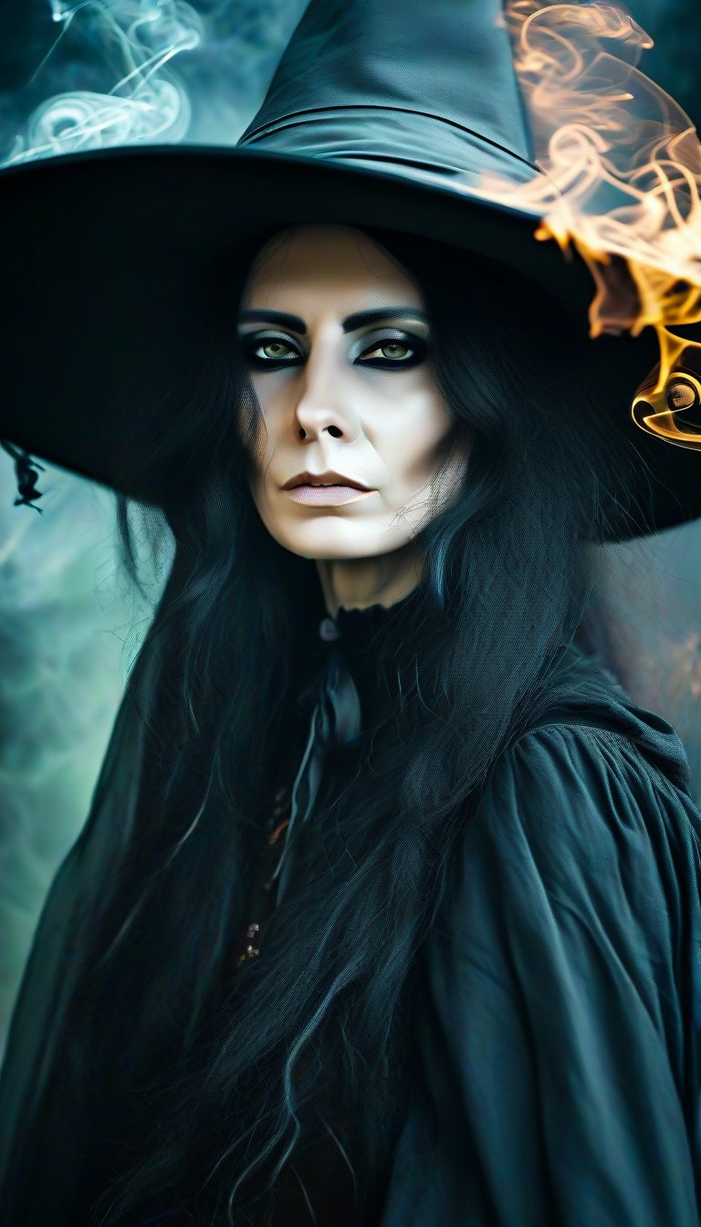 a masterpiece portrait of wild-eyed witch, dark-haired witch with a twisted smile, dressed in long, dark robes. Her pale skin and maniacal stare exude cruelty, while her tangled curls and gaunt frame amplify her sinister presence. revels in chaos and cruelty. very cold expression. dark magically swirling background with smokes and mists.