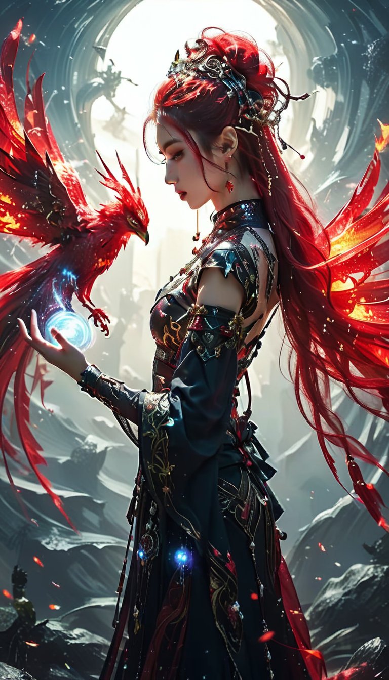 a beautiful girl, mage, long red umbra hair with hyper details on fiery hair strands and blue little braids, intricate details fiery phoenix carapace headpiece, fantastical textured designs magic attire, Intricate details magical ethereal scene of fantasy world, spectral vibes, mysterious ambiance.,s-style, silhouette painting,ethereal ambiance