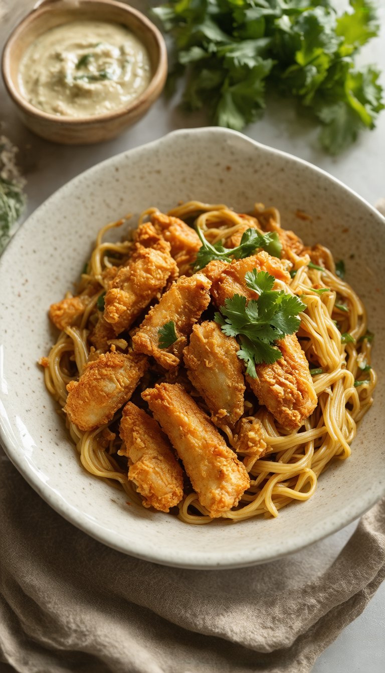 A close-up, realistic photograph of a ceramic bowl filled with slurpy, spicy noodles, topped with crispy fried chicken pieces. The bowl is set against a simple, neutral background to emphasize the rich colors and textures of the dish. The noodles appear glossy and well-seasoned, with a hint of steam rising, indicating warmth and freshness. Surrounding the bowl are small condiments, including sliced chili peppers, fresh herbs, and a dipping sauce, enhancing the spicy theme. The overall presentation is appetizing, with vibrant colors and intricate textures that make the dish look mouth-wateringly delicious.