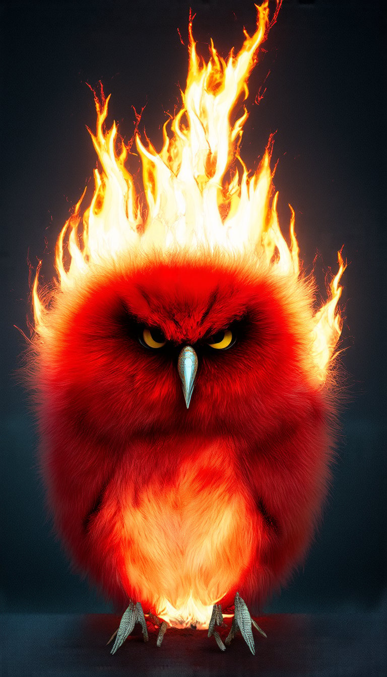 overdetailed portrait of a chibi fluffy red fire owl; Michael Kaluta, Aleksandr Kuskov, Christophe Heughe, Adobe After Effects, Post-Production, SFX, detailed, intricate, maximalist, elegant, realistic, super detailed, serene, 16k resolution, 3ds max, vray