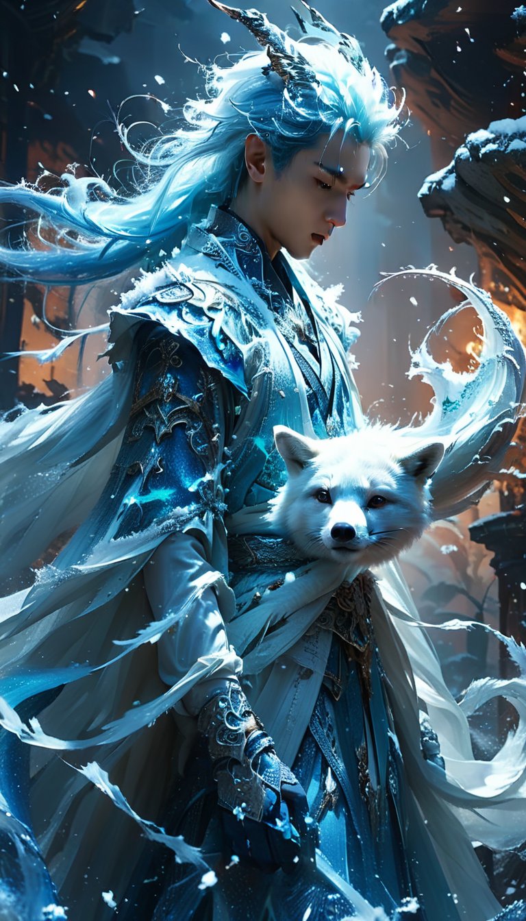 a handsome man, mage, long blue icy hair with hyper details on icy hair strands and white little braids, intricate details icy bear carapace headpiece, fantastical textured designs magic attire, Intricate details magical ethereal scene of fantasy world, spectral vibes, mysterious ambiance.,s-style, silhouette painting,ethereal ambiance