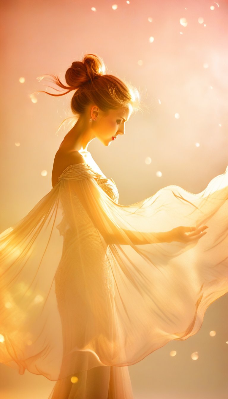 an elegant and slender woman is dressed in a drapery that floats in the wind, the elements around her give the sensation of movement in the wind, full shot, profile view, studio photo, warm colors,  very detailed, some movement blur, s-style, silhouette painting,ethereal ambiance