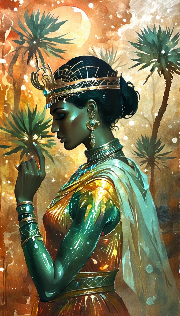 in Gouache Style, Watercolor, Museum Epic Impressionist Maximalist Masterpiece, Thick Brush Strokes, Impasto Gouache, thick layers of gouache watercolors textured on Canvas, 8k Resolution, Matte Painting portrait of a Greek queen wearing intricately detailed colorful clothing and futuristic jewellery, admiring and touching a tabebuya tree, intricate details on skin, tree surface, volumetric, diacritic, *&^%^&, abstract vector fractal, wave function, Zentangle, 3d shading, s-style, silhouette painting,ethereal ambiance