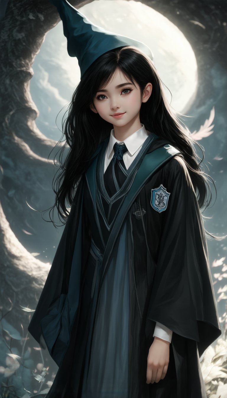 An ethereal depiction of Cho Chang, a young witch from Hogwarts School of Magic. She is an attractive girl with long, shiny black hair and a warm smile. Her features are delicate, with dark eyes and a soft expression. She carries herself with a quiet grace and natural beauty, often seen in her Ravenclaw robes.