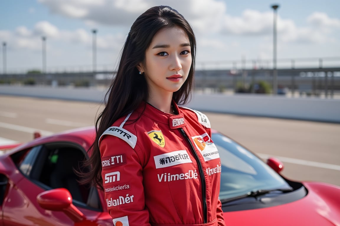 girl, full body, figure girl, with great attention to detail, beautiful and delicate eyes, motor racer girls, wearing racing clothes, standing on next to a ferrari sf90 complex_background, dynamic beautiful pose, dynamic pose, natural light, ((realistic)) quality: 1.2), dynamic distance shot, cinematic lighting, perfect composition, super detail, masterpiece, (best) quality: 1.3), reflection, high resolution CG Unity 8K wallpaper, simple background, masterpiece, (photorealistic): 1.2), random angle, side angle, full body,
