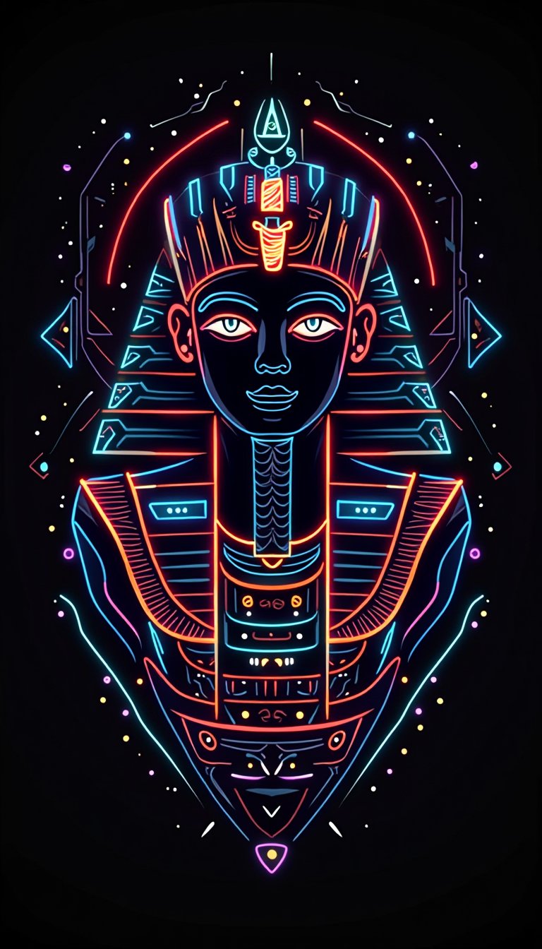 Vector illustration, T-shirt print, Egypt, image in the center futuristic and abstract design, smooth lines and geometric shapes, digital style, neon colors, black background, glow effect