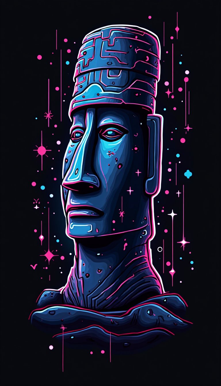 Vector illustration, T-shirt print, Easter Island image in the center, futuristic and abstract design, smooth lines and geometric shapes, digital style, neon colors, black background, glow effect